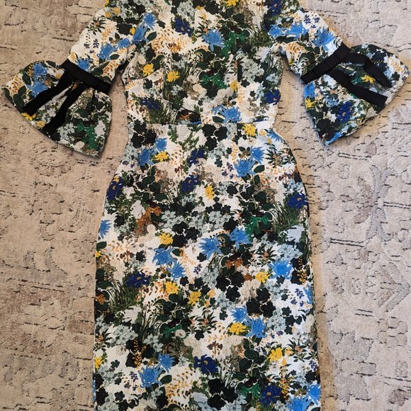 *Erdem* Alexandra Floral Meadow Pencil Dress w/ Grosgrain Ribbon Trim - Picture 4 of 8